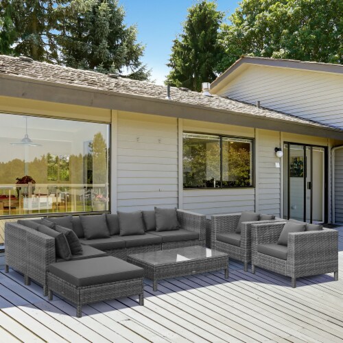 Outside Sitting & Conversation Sofa Set w/ Thick Sofa Cushions & Tea Table, Black Perspective: bottom