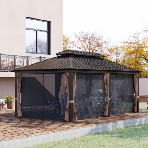 Aluminum Frame Double Roof Outdoor Gazebo with Netting and Curtains - Coffee