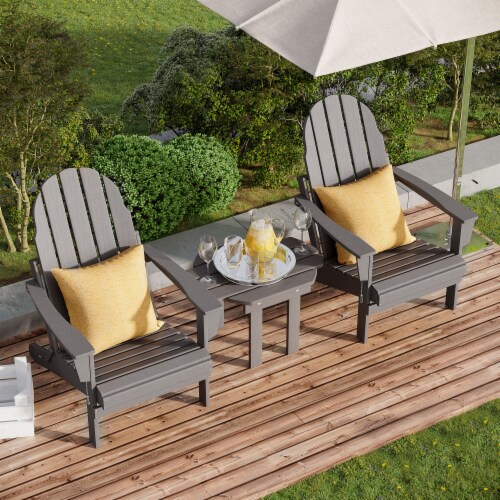 3pc Outdoor Folding Patio Furniture Set, 2 Adirondack Chairs, Table, Dark Grey Perspective: bottom