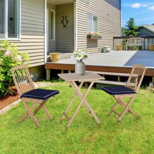 3pc Patio Bistro Set, Folding Garden Furniture, Chairs, Table, Padded Cushions Perspective: bottom