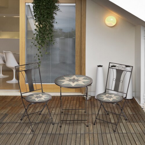 3pc Outdoor Patio Dining Set, 2 Folding Chairs, Table, 8-Pointed Star Mosaic Perspective: bottom