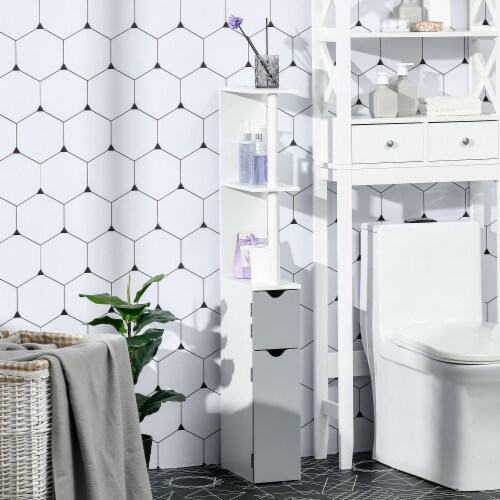 Bathroom Storage Cabinet Slim Freestanding Linen Tower Cabinet w/ Shelf Grey Perspective: bottom
