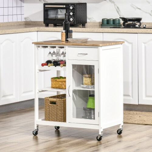 Utility Kitchen Cart Rolling Kitchen Island Storage Trolley w/ Wine Rack, White Perspective: bottom
