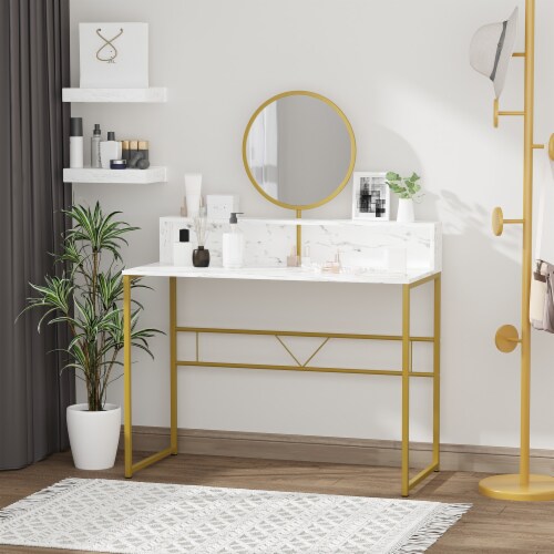 Elegant Marble Makeup Vanity Table W Open Storage Round Mirror