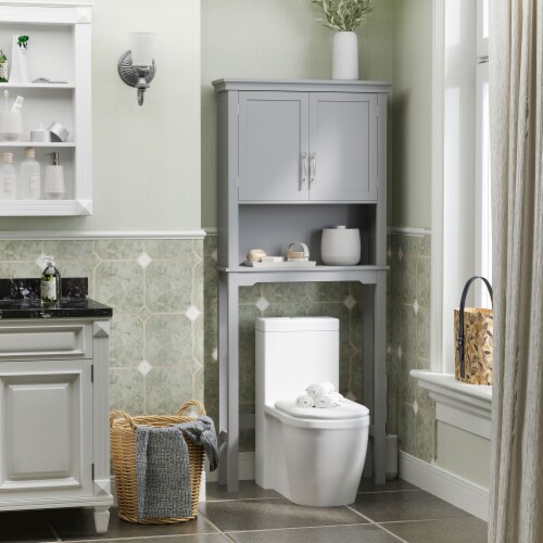 Over The Toilet Storage Cabinet, Double Door Bathroom Organizer w/ Shelf, Grey Perspective: bottom