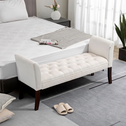 Upholstered Button Tufted Bed End Window Bench w Arms Wood Legs