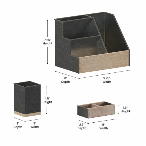 Comerford 3 Piece Galvanized Finish Metal and Rustic Wood Organizer Set For Desktop, Count Perspective: bottom