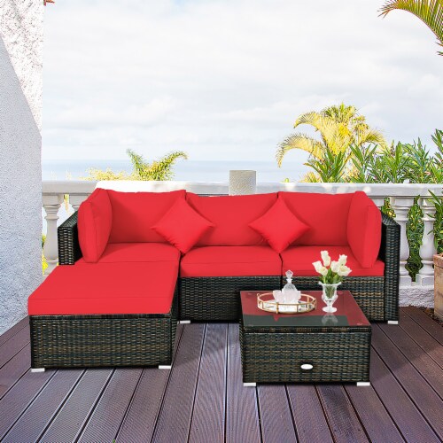 Costway 5PCS Outdoor Patio Rattan Furniture Set Sectional Conversation W Red Cushions 3 pcs QFC