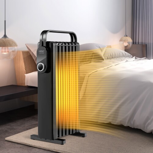 Costway 1500W Electric Space Heater Oil Filled Radiator Heater W/ Foldable Rack Black Perspective: bottom