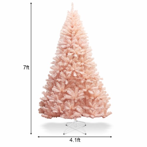 Costway 7ft Pink Artificial Christmas Tree Hinged Full Fir Tree Metal Stand Perspective: bottom