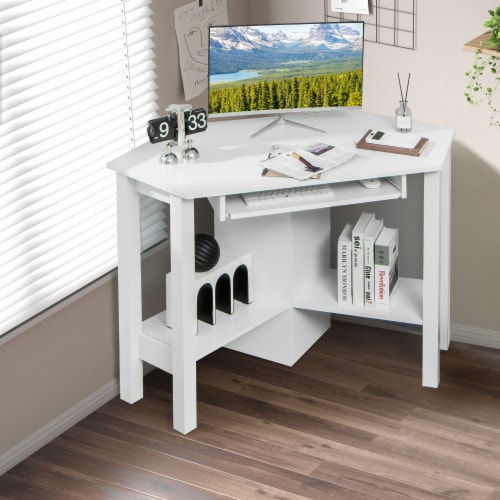 Costway Wooden Corner Desk With Drawer Computer PC Table Study Office Room White Perspective: bottom