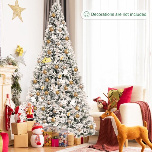 Costway 8ft Snow Flocked Hinged Christmas Tree w/ Berries & Poinsettia Flowers Perspective: bottom