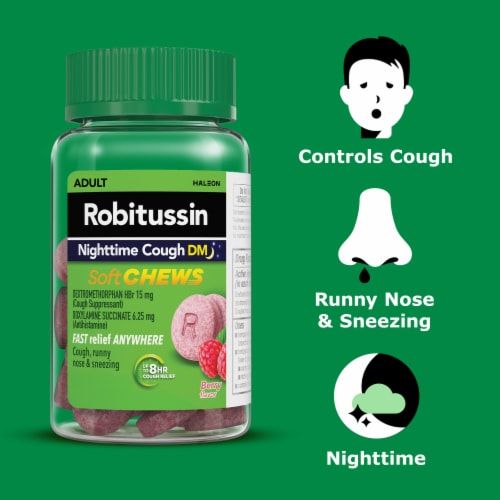 Robitussin Soft Chews, DM Nighttime Cough Relief, Dextromethorphan, Berry Flavor Chewable Tablets Perspective: bottom