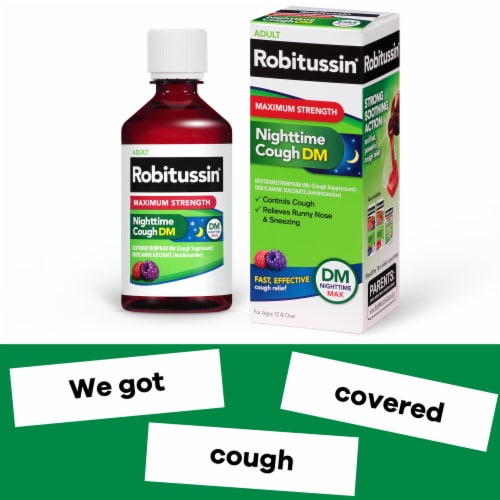 Robitussin DM Max, Nighttime Cough Relief, Dextromethorphan, Berry Flavor Syrup Perspective: bottom