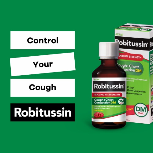 Robitussin Maximum Strength Cough+Chest Congestion DM-Dextromethorphan-Raspberry Liquid Perspective: bottom