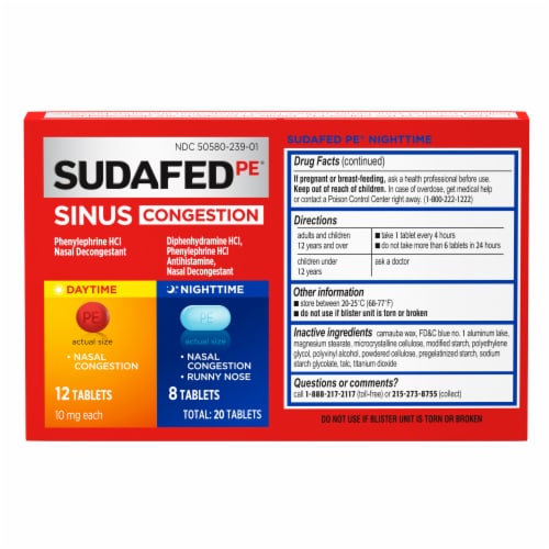 Sudafed PE Sinus Congestion Day + Night Maximum Strength Decongestant Tablets Phenylephrine HCl Perspective: bottom