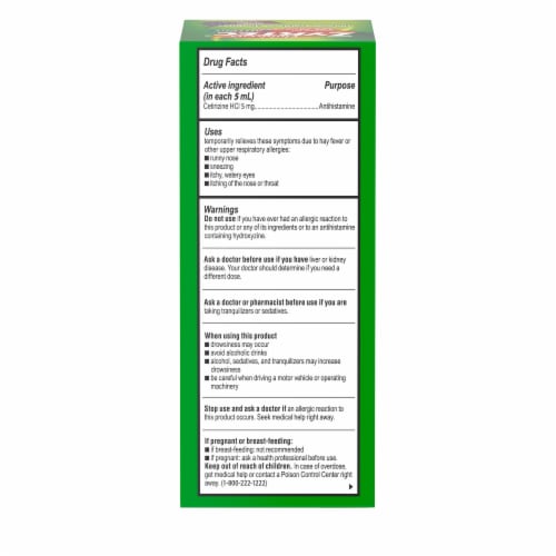 Children's Zyrtec 24 Hour Allergy Relief Dye-Free Sugar-Free Syrup Cetirizine HCl Grape Flavor Perspective: bottom