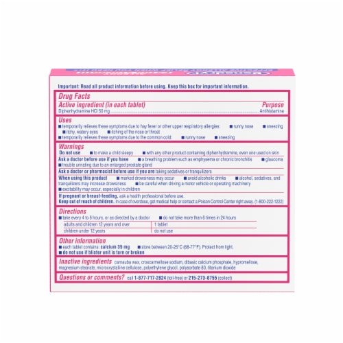 Benadryl Extra Strength Allergy & Cold Relief Tablets Diphenhydramine HCl Perspective: bottom