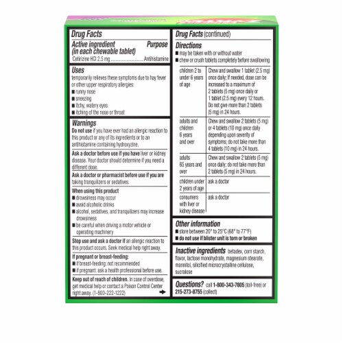Children's Zyrtec 24hr Allergy Relief Dye-Free Chewable Tablets Cetirizine HCl 2.5 mg Grape Flavor Perspective: bottom