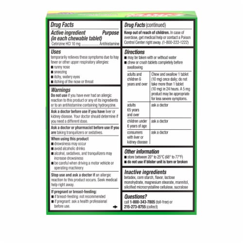 Children's Zyrtec 24 Hour Allergy Relief Dye-Free Chewable Tablets Cetirizine HCl 10 mg Grape Flavor Perspective: bottom