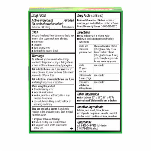 Children's Zyrtec 24 Hour Allergy Relief Dye-Free Chewable Tablets Cetirizine HCl 10 mg Grape Flavor Perspective: bottom