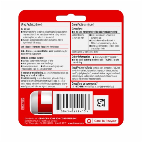 Tylenol Extra Strength Pain Reliever Fever Reducer Caplets Travel Size Medicine 10 count Perspective: bottom