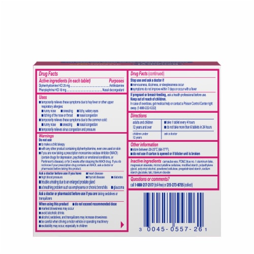 Benadryl Allergy & Sinus Congestion Relief Tablets Diphenhydramine HCl & Phenylephrine HCl Perspective: bottom