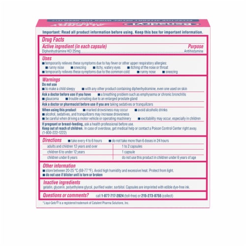 Benadryl Allergy & Cold Relief Dye-Free Liqui-Gels Diphenhydramine HCl Perspective: bottom
