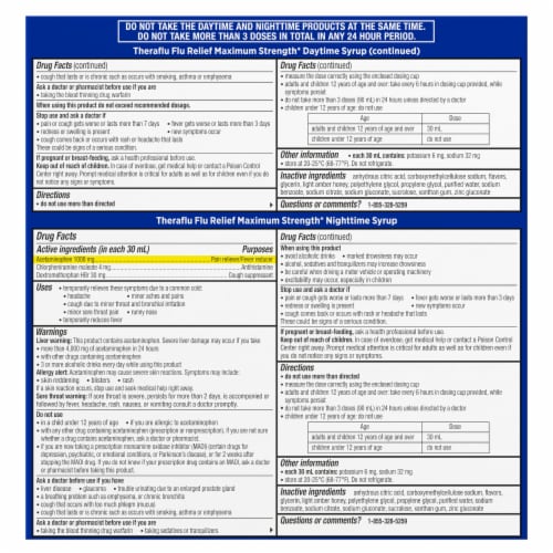 Theraflu ExpressMax Severe Cold Cough Nighttime Daytime Acetaminophen Medicine Berry Flavor Perspective: bottom