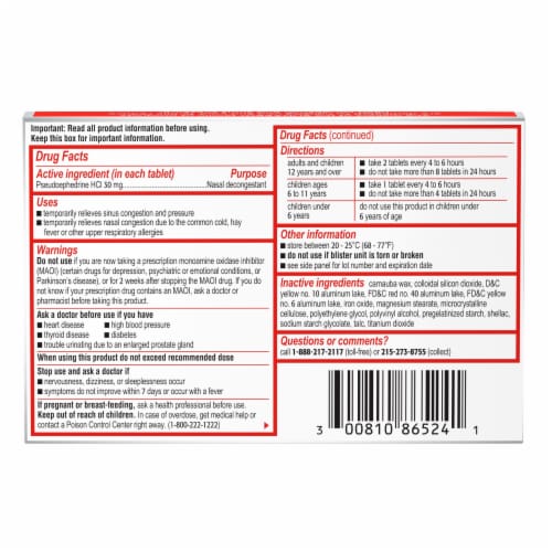 Sudafed Sinus Congestion Maximum Strength Decongestant Tablets Perspective: bottom