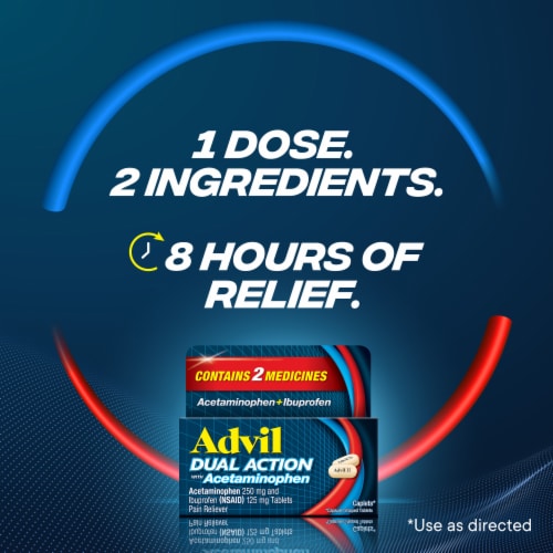 Advil Dual Action Pain Relief w/ Acetaminophen Ibuprofen Acetaminophen Caplets Perspective: bottom