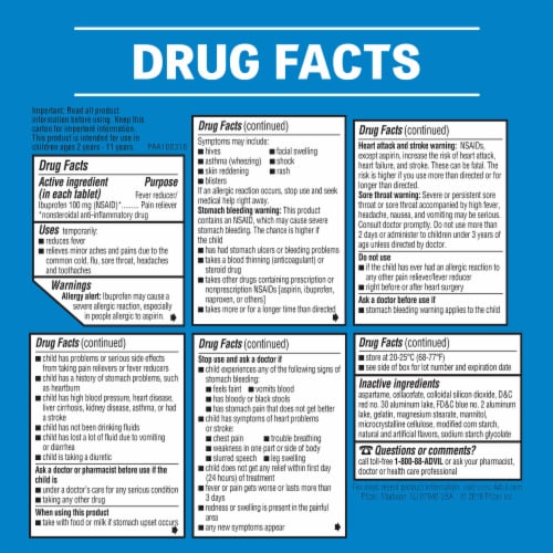 Advil Junior Pain Reliever and Fever Reducer Chewable Kids Ibuprofen Perspective: bottom