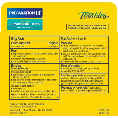 Preparation H Totables Hemorrhoid Witch Hazel Skin Irritation Relief Wipes Perspective: bottom