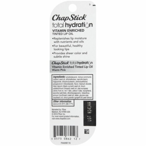 ChapStick Total Hydration Vitamin Enriched Warm Pink Tinted Lip Oil Tube Perspective: bottom