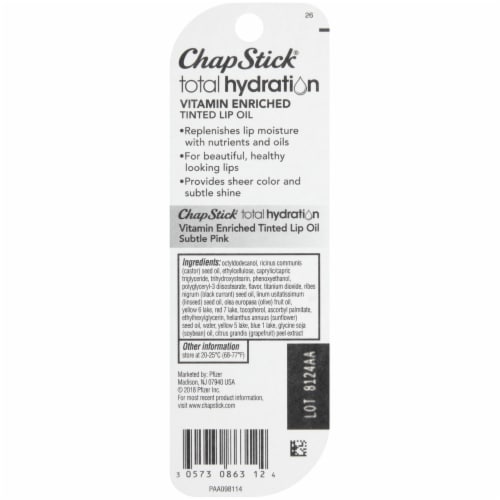 ChapStick Total Hydration Vitamin Enriched Subtle Pink Tinted Lip Oil Tube Perspective: bottom