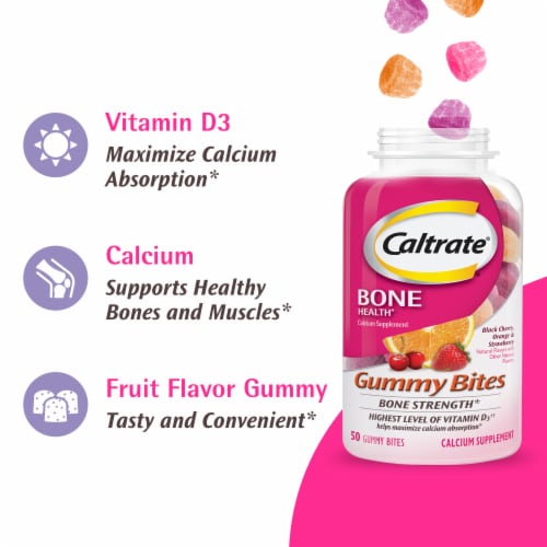 Caltrate Calcium and Vitamin D Supplement Black Cherry Strawberry Orange Gummy Bites Perspective: bottom