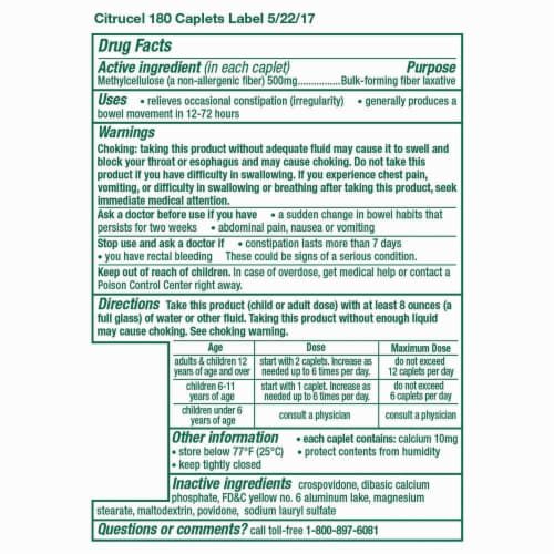 Citrucel Methylcellulose Fiber for Occasional Constipation Relief Orange Flavor Caplets Perspective: bottom