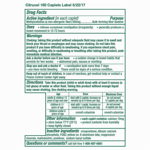 Citrucel Methylcellulose Fiber for Occasional Constipation Relief Orange Flavor Caplets Perspective: bottom