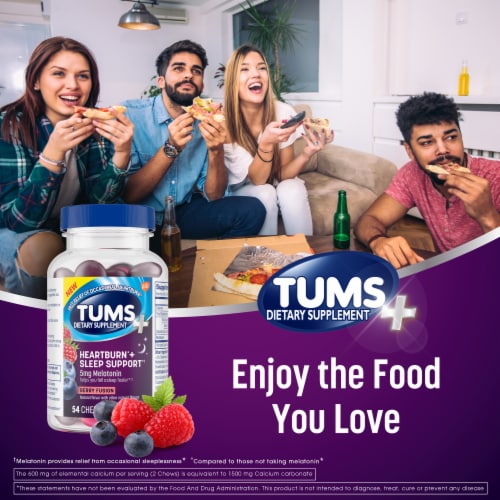 TUMS+ Chewable Chews Occasional Heartburn Relief and Sleep Support Berry Fusion Tablets Perspective: bottom