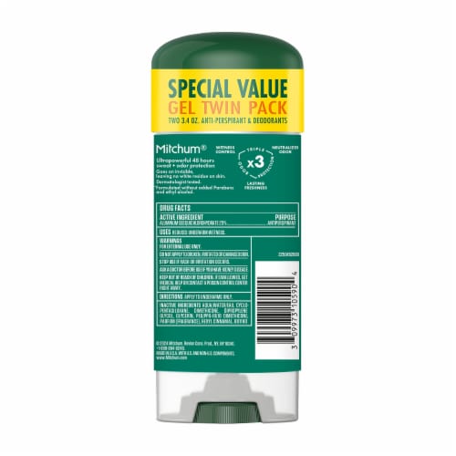 Mitchum Triple Odor Defense Men Gel Antiperspirant Deodorant Unscented 2-Pack Perspective: bottom