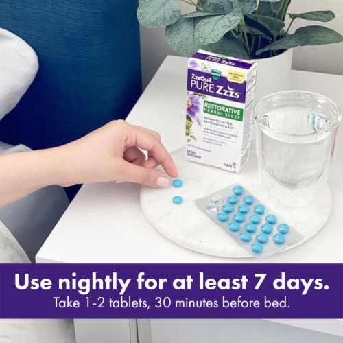 ZzzQuil PURE Zzzs Restorative Herbal Sleep Aid Tablets Perspective: bottom