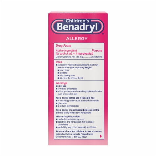 Children's Benadryl Allergy & Cold Relief Liquid Diphenhydramine HCl Cherry Flavor Perspective: bottom