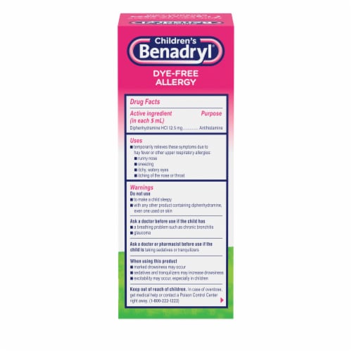 Children's Benadryl Allergy & Cold Relief Dye-Free Liquid Diphenhydramine HCl Bubble Gum Flavor Perspective: bottom