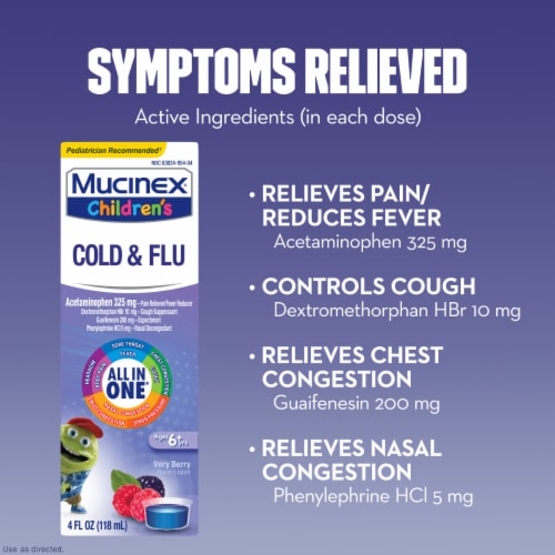 Mucinex® Children's Very Berry Cold & Flu Multi-Symptom Liquid Medicine Perspective: bottom