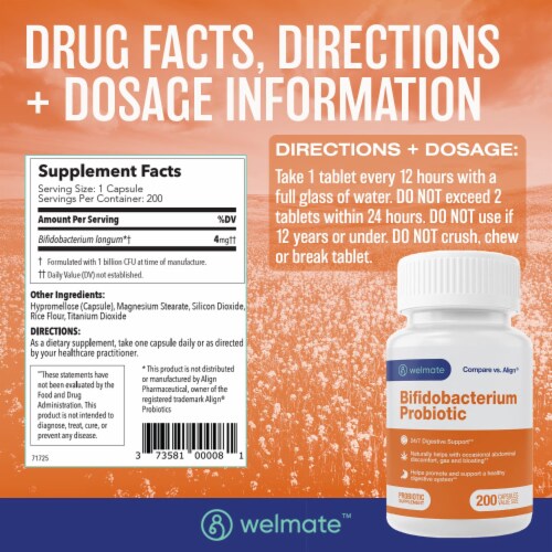 Welmate Bifidobacterium Probiotic | 200 Count Capsules | 24/7 Digestive Support Perspective: bottom