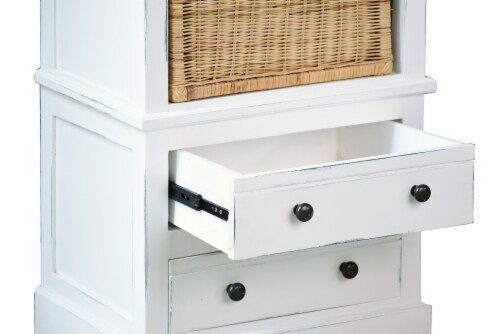 79 Tall Storage Cabinet 6 Shelves 2 Drawers Rattan Basket Distressed White 1 Fred Meyer