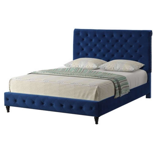 Ashley Tufted Velvet Fabric King Platform Bed in Blue Perspective: bottom
