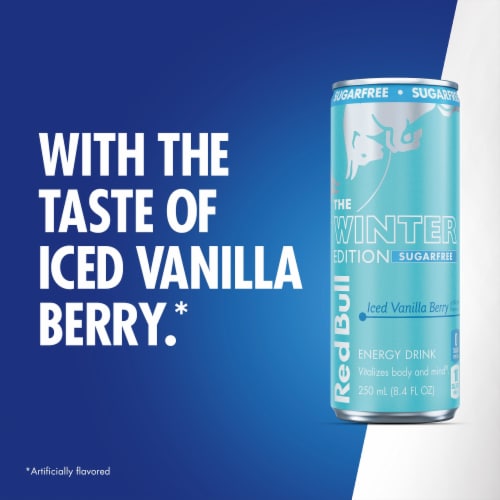 Red Bull Winter Edition Sugar Free Iced Vanilla Berry Energy Drink Can Perspective: bottom