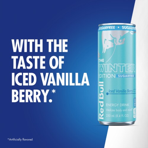 Red Bull Winter Edition Sugar Free Iced Vanilla Berry Energy Drink Can Perspective: bottom