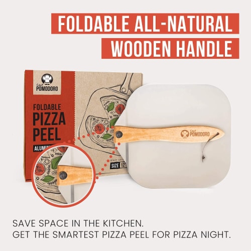 Chef Pomodoro Aluminum Metal Pizza Peel with Foldable Wood Handle for Easy Storage 12" x 14" Perspective: bottom